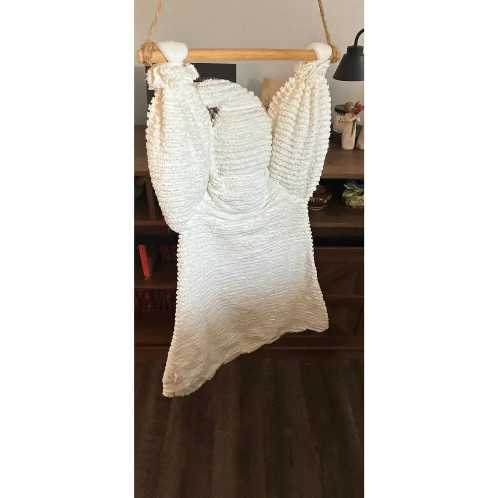 Vtg BOO White Chenille 3D Ghost Spider Attached Wooden Dowel & Hanger Bats Bow